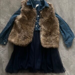 Faux Fur Vest with Blue Long Sleeve Dress Set